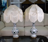 Bohemian Cased & Cut Glass White Over Emerald Lamps, Brass Dolphin Feet, Silk Damask Shades