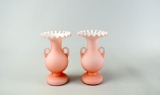 Pair 1920s Pink over White Cased Satin Glass Crimped Double Handled 8” Vases