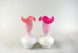 Antique White over Pink or Cranberry Cased Satin Glass 9.5” Vases