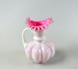 Fenton 9” Pink Cased White Melon Ball Glass Pitcher