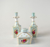 Hand Painted Light Blue Floral Perfume Bottles & Trinket Box Vanity Set
