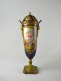 Antique Sevres French Rococo Cobalt Blue 15.5” Porcelain Covered Urn, Ormolu Mounted