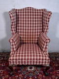 Antique American Chippendale Wing Chair with Red Plaid Upholstery