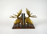 Set of Brass Moose Heads Bookends Mounted on Wooden Bases