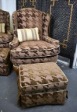 Chocolate Houndstooth & Cream Piping Wing Chair and Ottoman with Accent Pillow