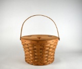 Round Langaberger Sewing Basket with Leather Hinges & Three Liner Inserts, 1987