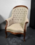 Mid 19th Century Victorian Carved Mahogany Tufted Parlor Chair, Recent Neutral Woven Upholstery