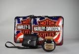 Lot of Four Harley Davidson Theme Items: Stadium Seat Cushions, Leather Pouch, & Earthenware Jar