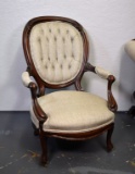 Mid 19th Century Victorian Carved Rosewood Tufted Balloon Back Chair, Recent Neutral Woven Upholster
