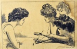 Framed Humorous Print of Charles Dana Gibson “The Weaker Sex: Under the Microscope”