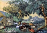 Gilt Wood Framed Full Color Half Tone Print Reproduction of “The Old Homestead” by Currier & Ives