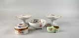Lot Five Hand Painted Japanese Ceramics: Composes, Box, Pin Cushion, & Bowl