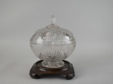 Antique 1870s Bryce Bros. Glass “Teasel” Pattern Covered Compote with Wooden Stand
