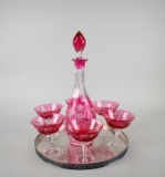 Cranberry Cut to Clear Glass Decanter & Glasses Set with Barker Ellis Silver Plate Tray