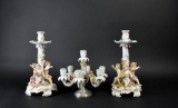 Ornate Antique Meissen Candlesticks with Sterling Silver Base Candelabra Center Piece