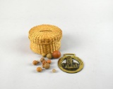Lot of Vintage Smalls: Basket, Horse Brass, Clay Marbles & Beads
