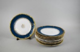 Eleven Ceramic Dinner Plates, Teal with Gilt Trim, Austria
