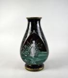 Large 15” Tall Antique Victorian Mary Gregory Black Glass Vase, Finely Hand Painted