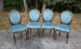 Set of Four French Walnut Dining Side Chairs, Faux Croc Pattern Teal Upholstery, Gilt Trim