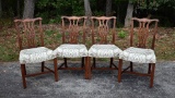 Set of 4 Mahogany Chinese Chippendale Style Dining Side Chairs, Neutral Tapestry Pattern Upholstey