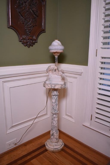 Antique Carved Marble and Alabaster Doves on Column Lamp