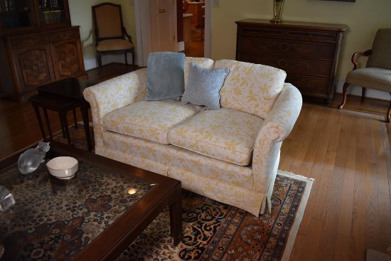 Light Yellow & White Traditional Style Loveseat with White Lace Pillows