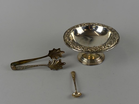 Three S. Kirk & Son Repousse Sterling Silver Items: Footed Bowl, Sugar Tongs, Medicine Spoon