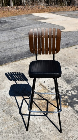 Vintage Black Metal, Vinyl and Wood Swivel Seat Counter Stool