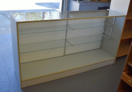 Laminate Sided Display Case with Glass Top & Shelves, Sliding Back Doors