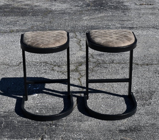 Pair of Contemporary Black Metal Bar Stools with Beige Quilted Cloth Seats