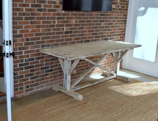 Vintage Distressed White Paint Trestle Dining Table