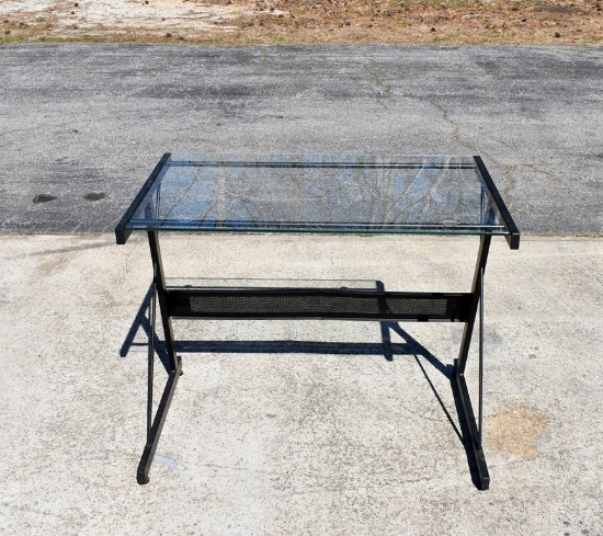 Contemporary Glass Top and Black Metal Computer Workstation Desk