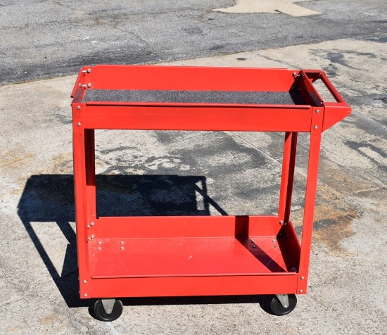 Red Metal Rolling Cart with Two Trays and Handle