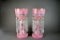 Pair of Victorian Hand Painted Cased Glass Pink 14” Mantle Lusters with Prisms