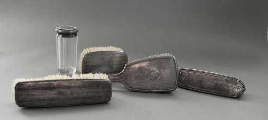 Five Vintage Pieces Sterling Silver Mounted Monogrammed Vanity Brushes & Jar
