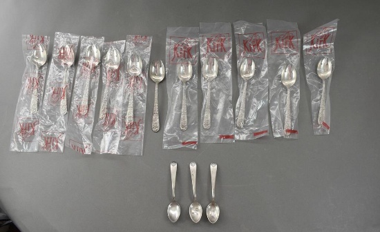 S Kirk & Son Sterling Silver 11 Repousse Ice Cream Spoons & 3 “Snowflake” Demitasse Spoons