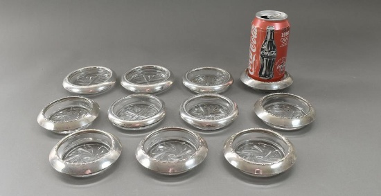 Eleven Sterling Silver & Glass Coasters by Amston or FB Rogers