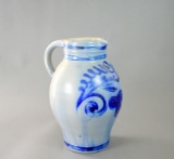 Vintage German Salt Glazed Pottery Pitcher, Cobalt Blue Decoration