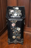 Antique Victorian Egyptian Revival Floral Tole Painted Metal Coal Scuttle Bin