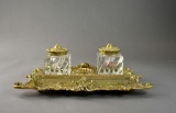 Virginia Metalcrafters Brass & Glass Ink Pen Stand with Two Inkwells