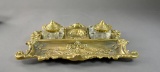Virginia Metalcrafters Brass & Glass Ink Pen Stand with Two Inkwells