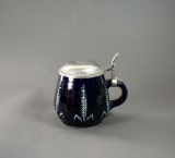 Cobalt Blue Porcelain Bayern Stein with Wheat Head Motif & Pewter Lid