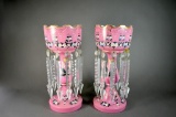 Pair of Victorian Hand Painted Cased Glass Pink 14” Mantle Lusters with Prisms