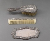 Gorham Three-Piece Sterling Silver Mounted Vanity Brush, Comb, & Tray Set