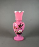 Victorian Hand Painted Cased Glass Pink 12” Display Vase