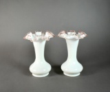 Pair Fenton Rose Crest Milk Glass Vases