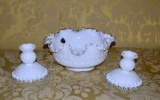 Fenton Silver Crest Milk Glass “Spanish Lace” Pattern Bowl & Candlesticks