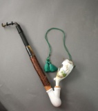 Vintage German Porcelain & Wood Tobacco Pipe with Hand Painted Ram Scene