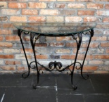 Bronzed Wrought Metal Patio Demilune Console Table with Glass Top