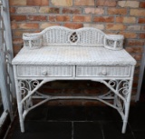 Vintage White Rattan Wicker Desk with Two Drawers